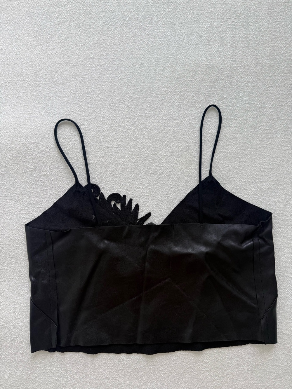 Zara Black Lace-Trim Leather Spaghetti Strap Crop Top